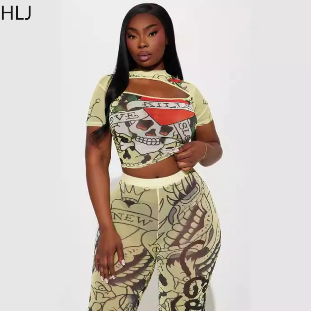 Hlj Mode neue y2k Streetwear Frauen Mesh-Print o Hals aushöhlen Kurzarm Crop Top und Hose zweiteilige Sets weibliche Outfits