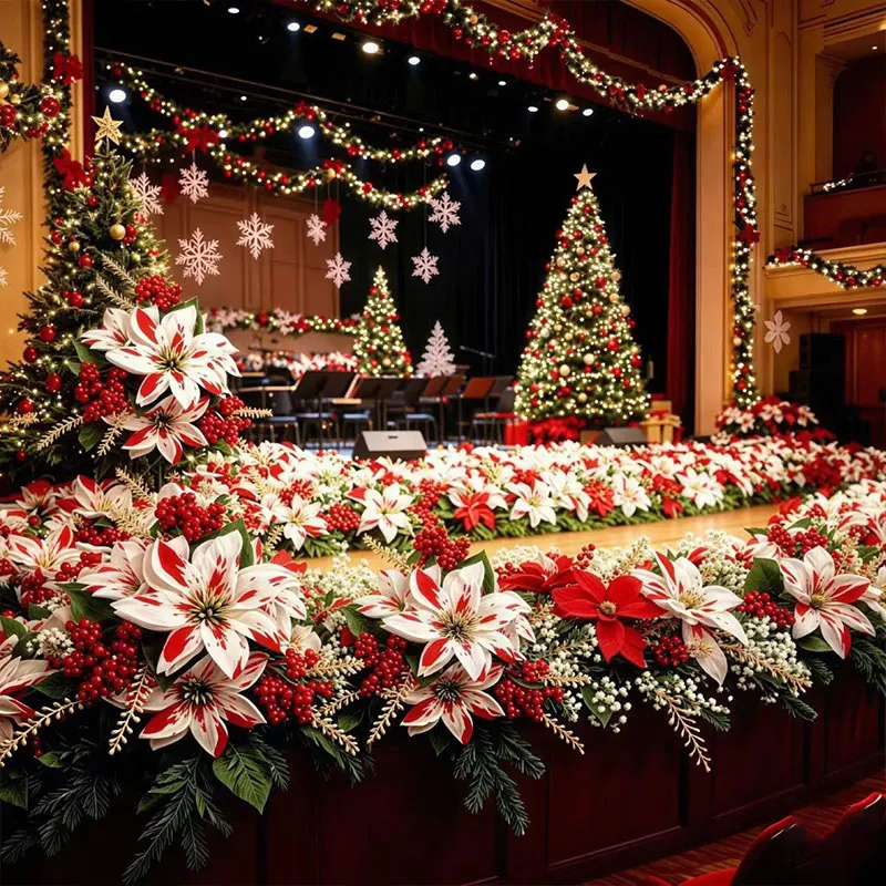 7/20 Christmas red and white poinsettia simulation bouquet, paired with starry sky, holiday floral set! Halloween Decoration