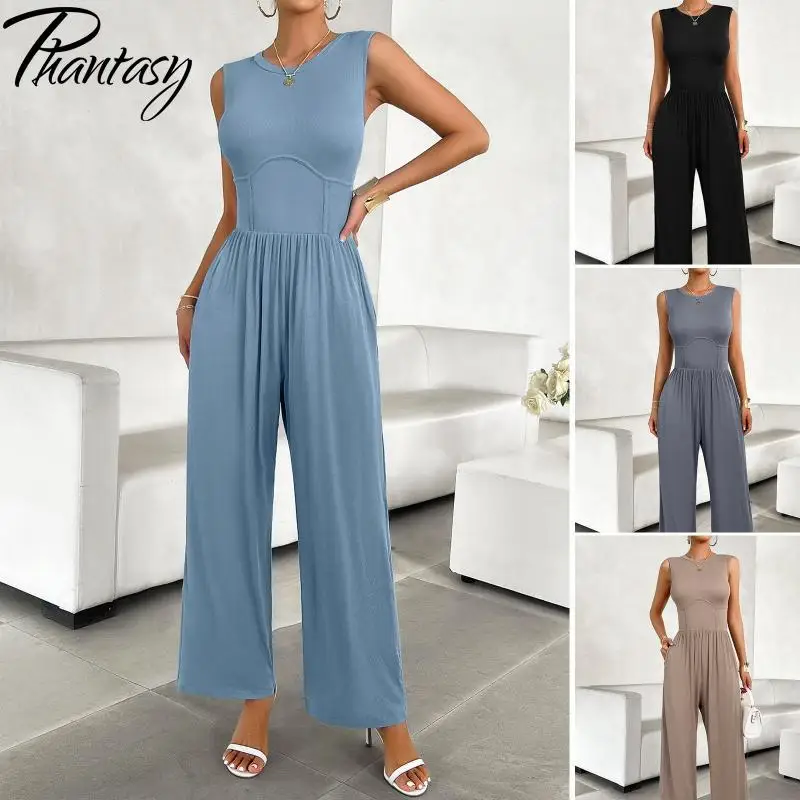 Phantasy Wide Leg Jumpsuit Office Lady Elegant Jumpsuit Sleeveless Bodysuit Solid Fashion Women Rompers Elastic Streetwear