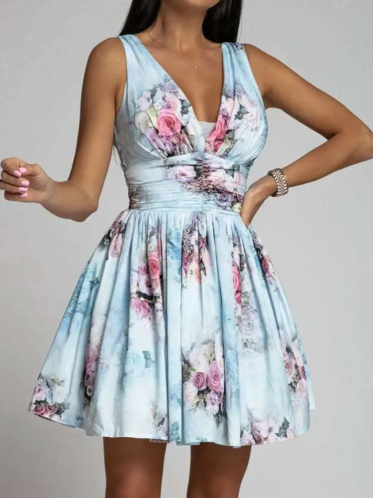 Femme geplooide hoge taille vetersluiting zomer streetwear backless slanke print v-hals off-shoulder dames mini-jurk