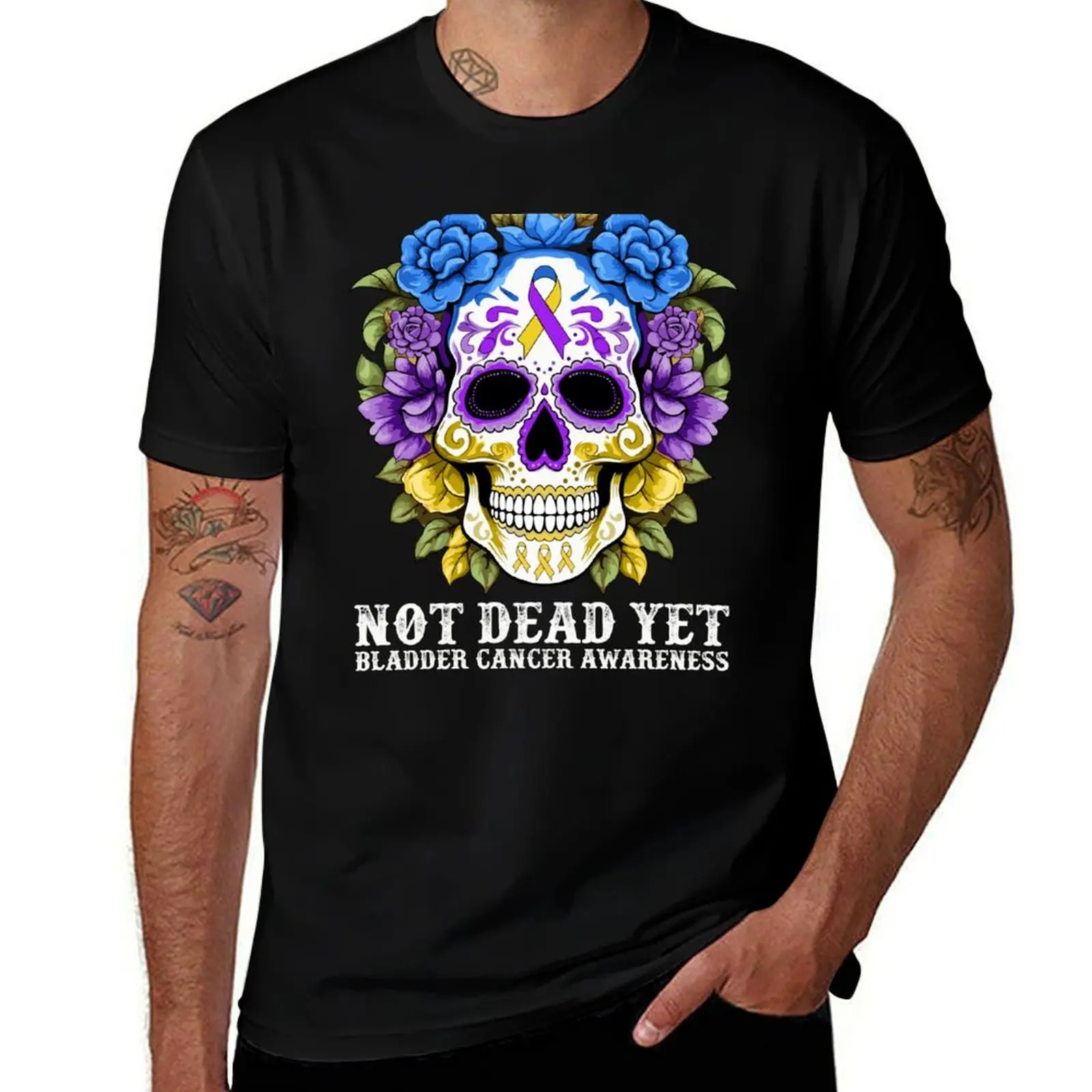 

Bladder Cancer Awareness Graphic Flower Skull Aware Gifts T-Shirt cotton t shirts high quality T-Shirt