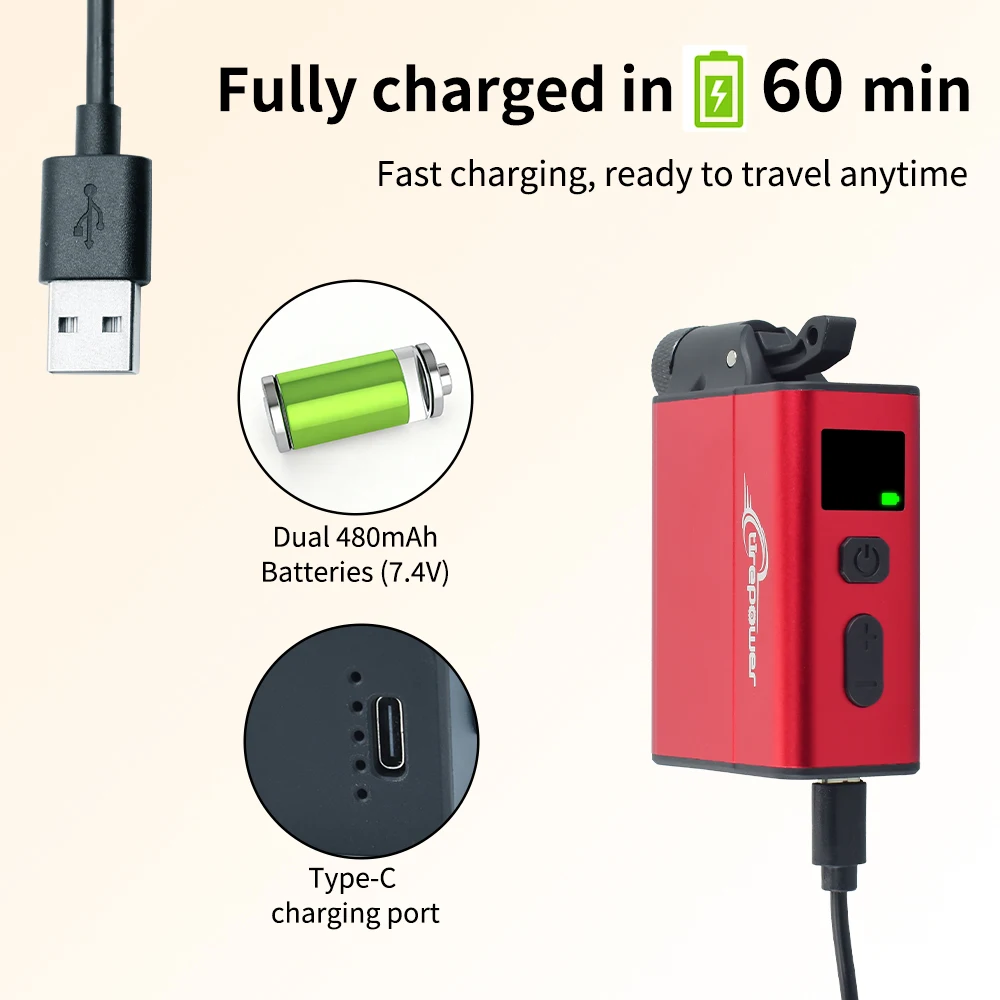 Elektrische Fahrradpumpe mit schnellem USB-C-Ladeanschluss, 120 PSI, tragbarer Mini-Reifenfüller mit zwei 480mAh Akkus und Display – Detail 14