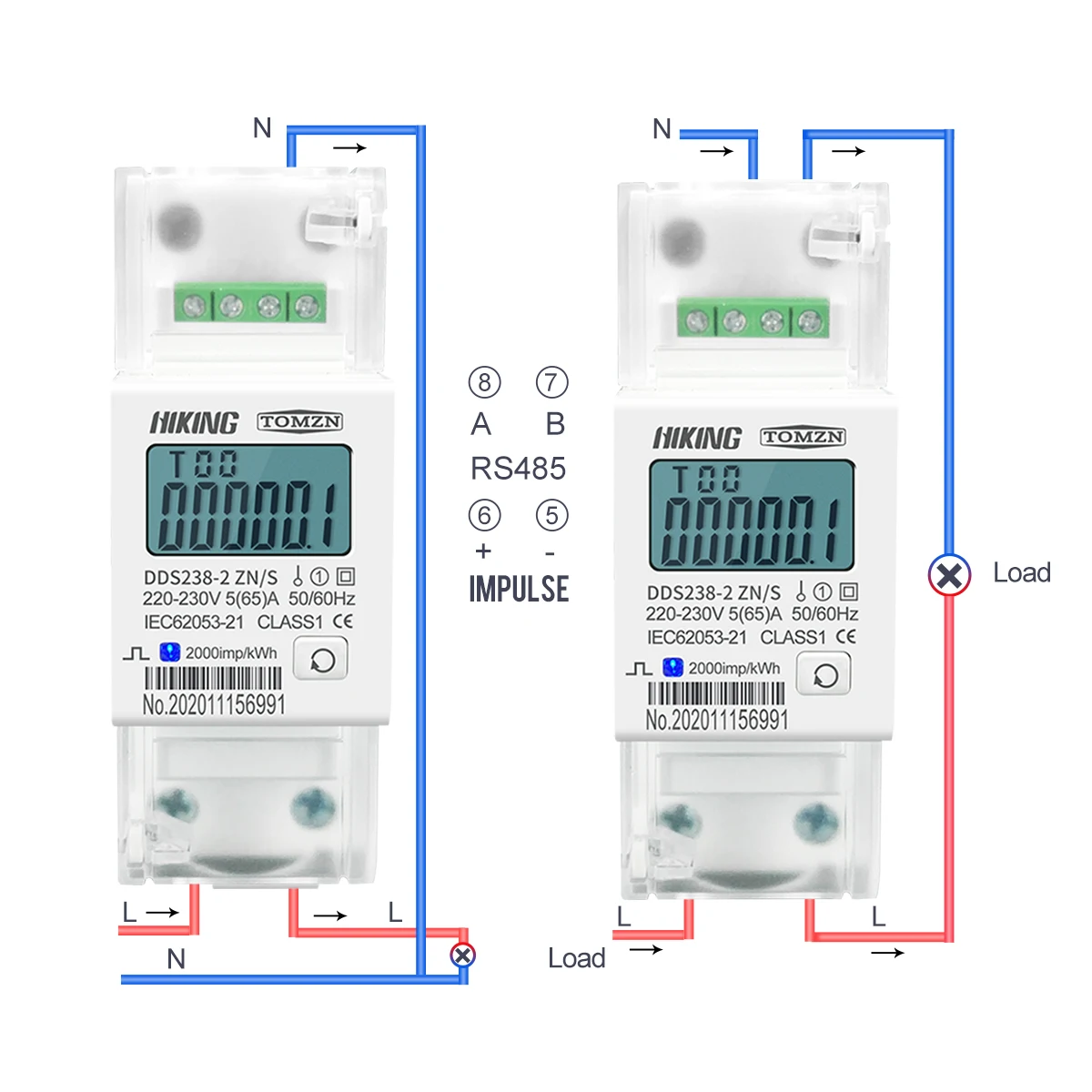 1 SZT. TOMZN Licznik energii elektrycznej na szynę DIN, 220V 230V 50Hz 60Hz, pomiar napięcia i prądu, DDS238-2 ZN/S, jednofazowy, RS485 MODBUS-RUT — zdjęcie 3