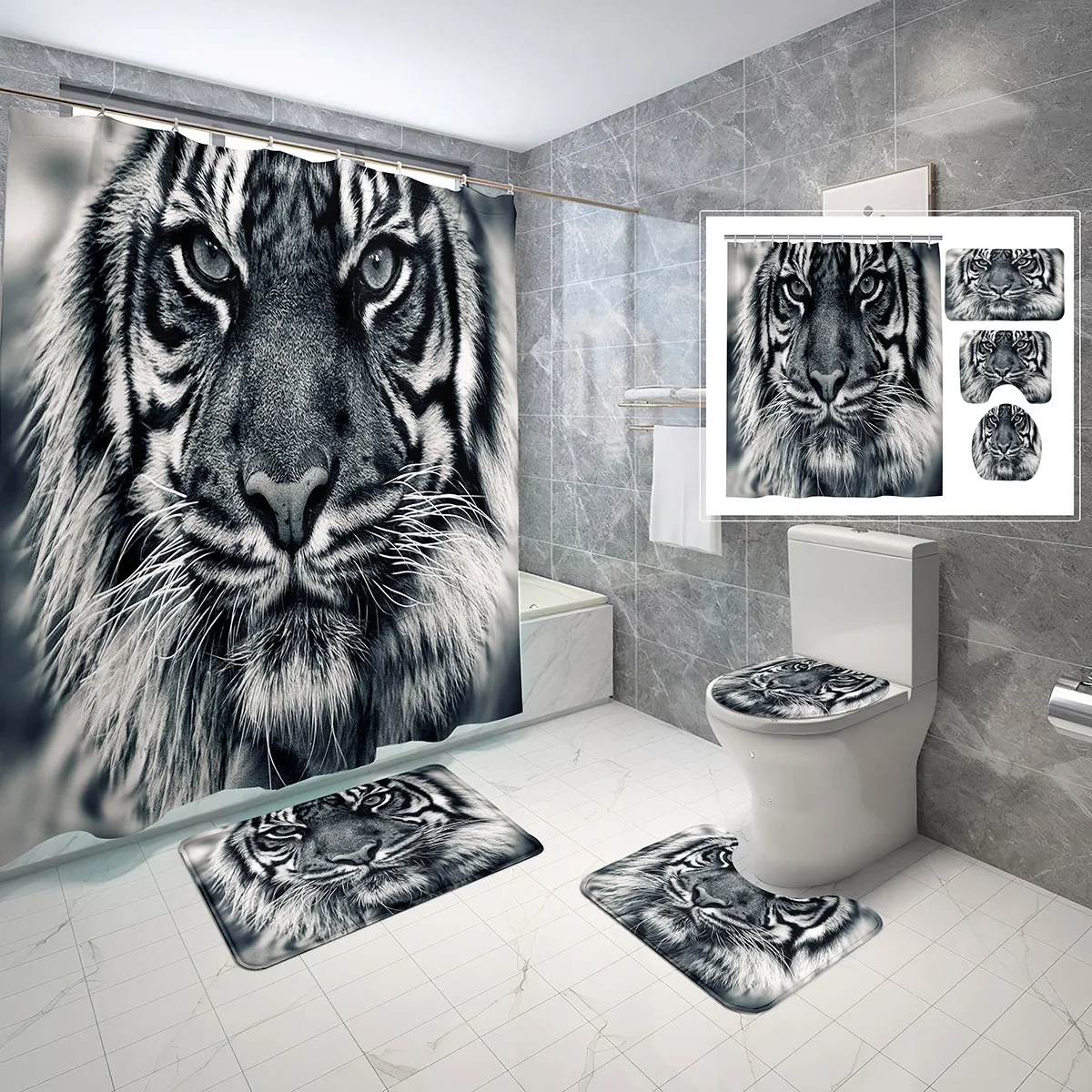 4 Pcs Aesthetic Tiger Shower Curtain Set Gorgeous Bengal Tiger To Film Shower Curtain Bathroom Non-Slip Bath Mat Toilet Cover