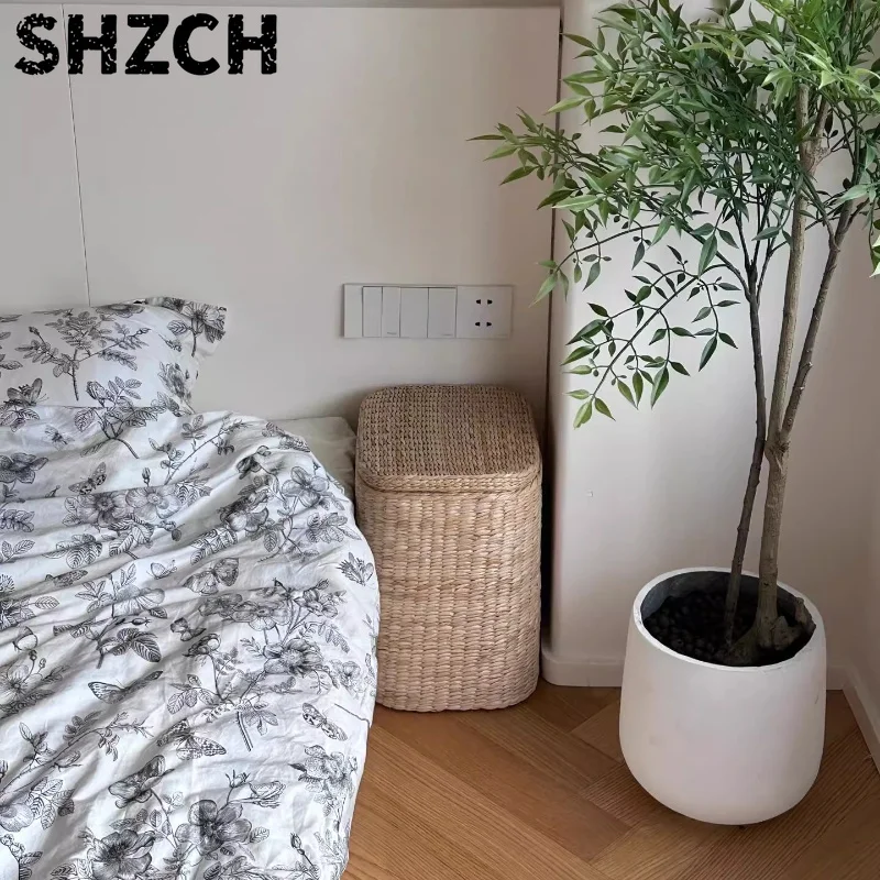 Woven Rattan Nightstand Narrow Storage Box Alternative Multi-Function Bedroom Organizer Space Saving Compact Cabinet Solution