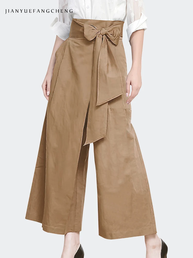 Fashion High Waist Khaki Wide Leg Pants Women' Spring Summer Loose Casual Straight Long Trousers With Bow Cargo pants