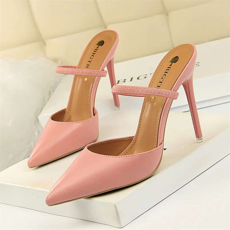 Retro Simple Women Summer Slippers Pu Leather High Heels Sandals Shallow Mouth Pointed Toe Cool Stiletto Fashion Pumps