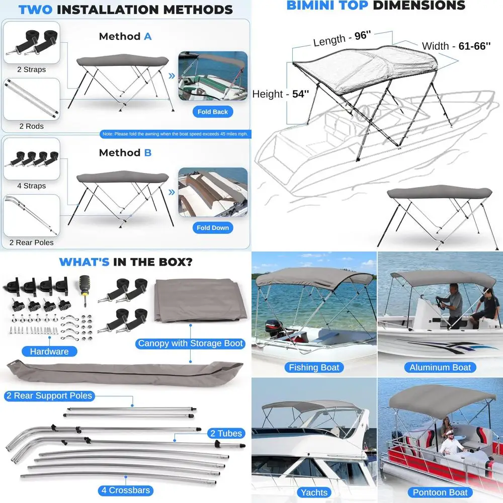 

Gray 61-66 Wide Boat Bimini Top Cover with 4 Bow, Double Wall Aluminum Tube, 2 Straps, 2 Rear Support Poles, Storage Boot
