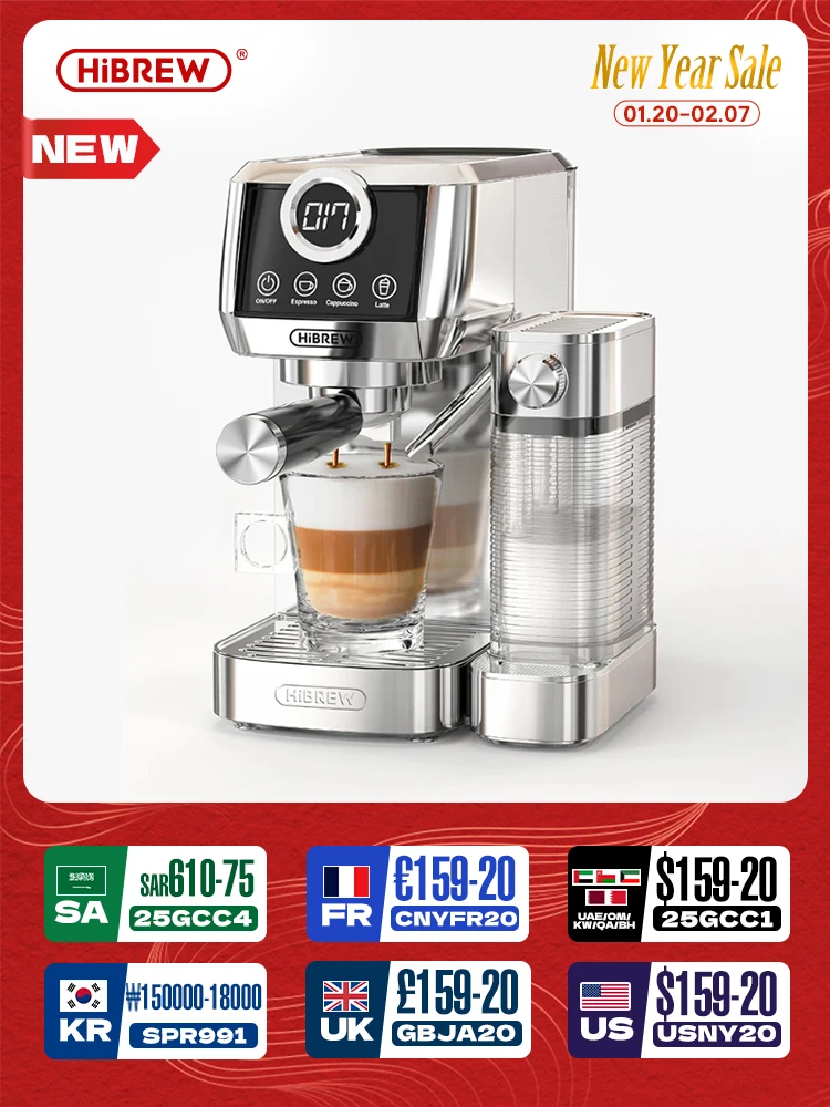 HiBREW  3 in 1 Semi Automatic Espresso Cappuccino Latte Coffee Machine Automatic Milk Froth Ground Coffee Stainless Steels H13A