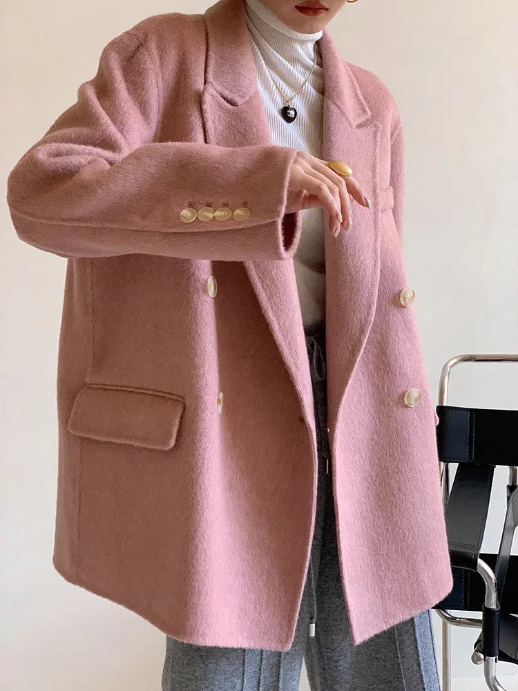 

New Women Real Rabbit Fur Mulberry Silk Double-sided Wool Coat Short Autumn Winter Loose Lapel Double Breasted Woolen Coat Trend