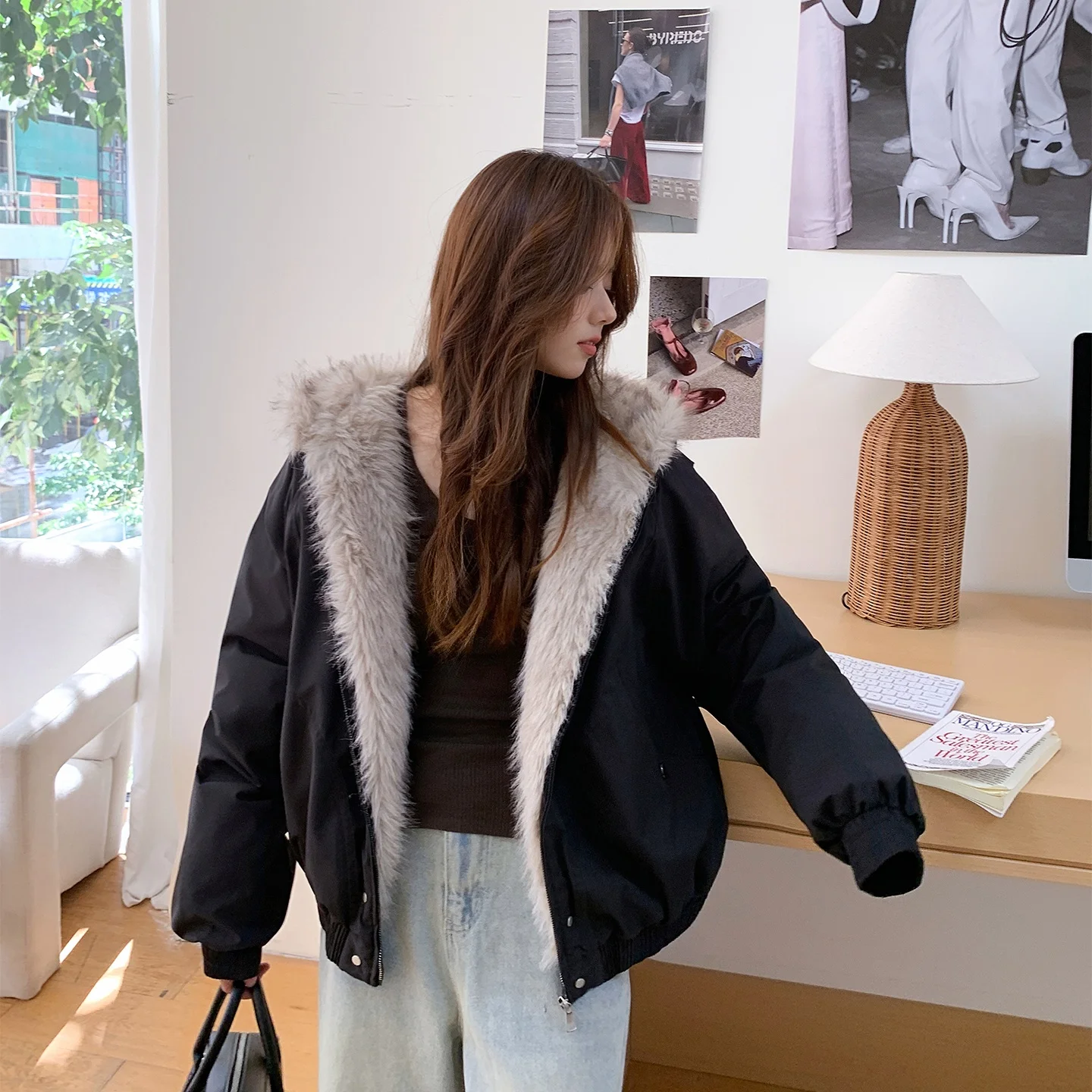 

American Sle Thiened down Cotton Jaet Women's Autumn Winter Large Size Fur Collar Fce Lined High Quali Cotton Coat