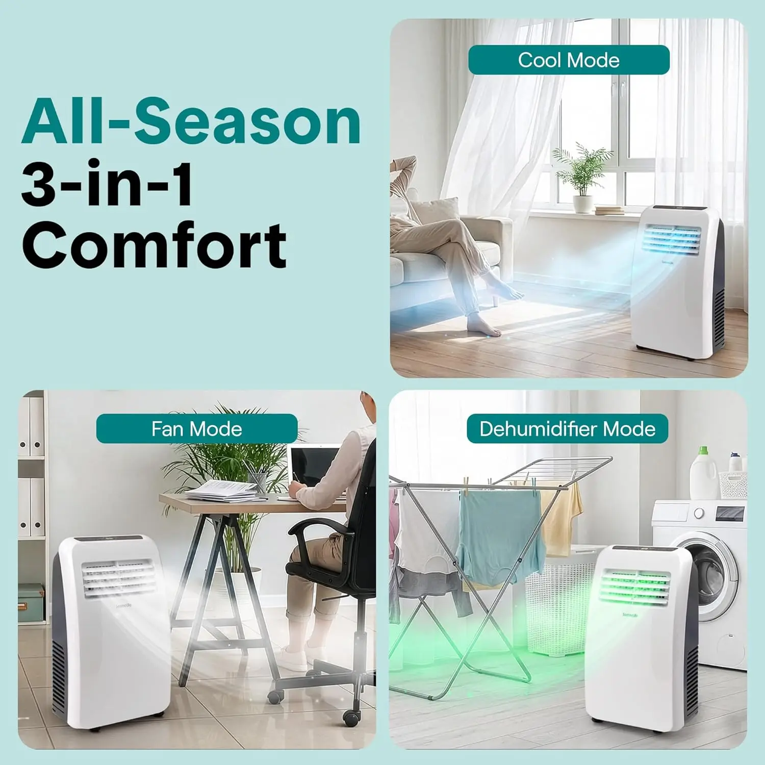 

3-in-1 Portable Air Conditioner with Built-in Dehumidifier Function,Fan Mode, Remote Control, Complete Window Mount Exhaust Kit