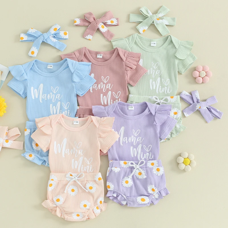 Baby Girls 3 Piece Outfits Letter Print Short Sleeve Romper and Daisy Print Shorts Cute Headband Summer Clothes