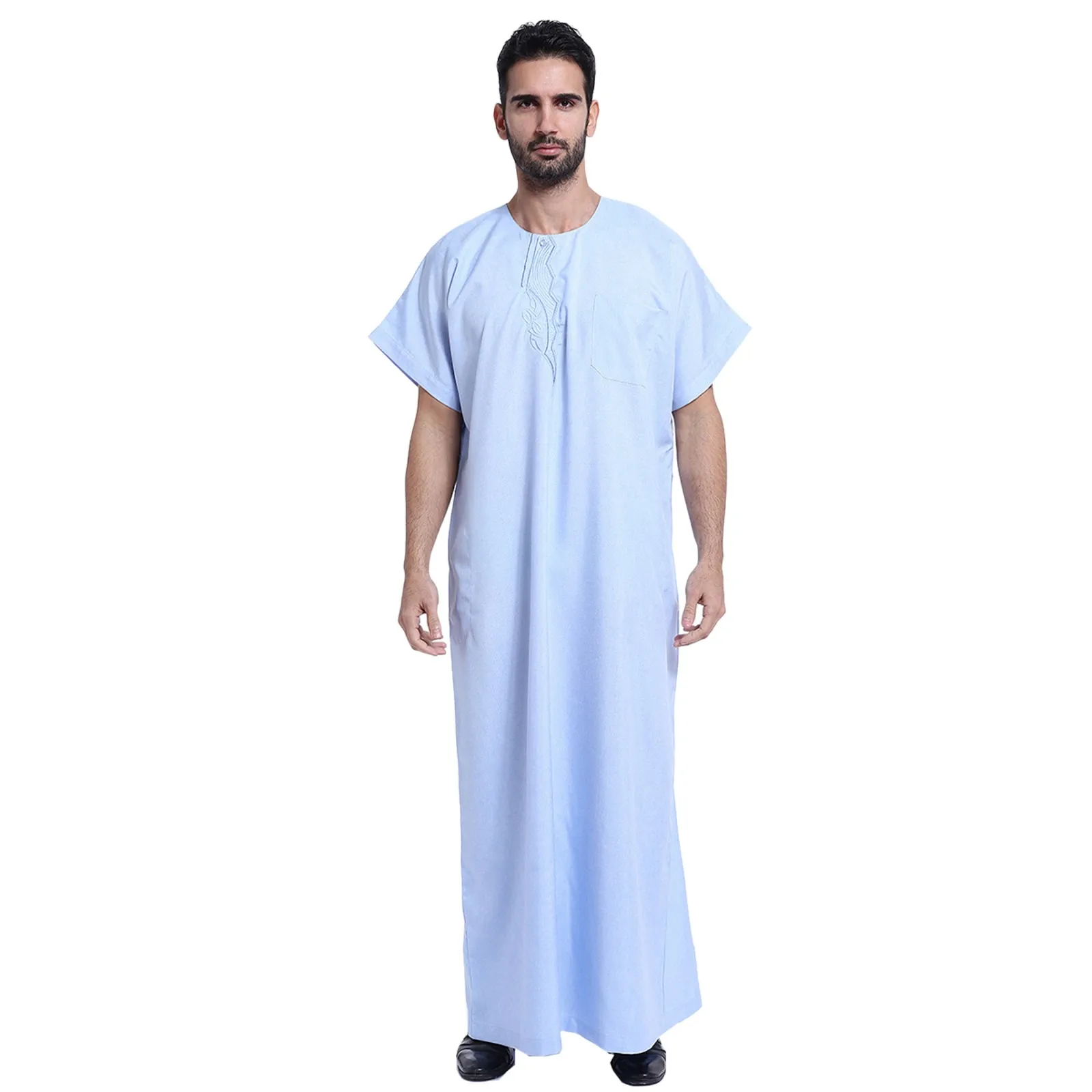 Men's Casual Muslim Arab Middle Solid Color Round Neck Short Sleeve Robe Buckle Dress Shirts for Men Traditional men's robe