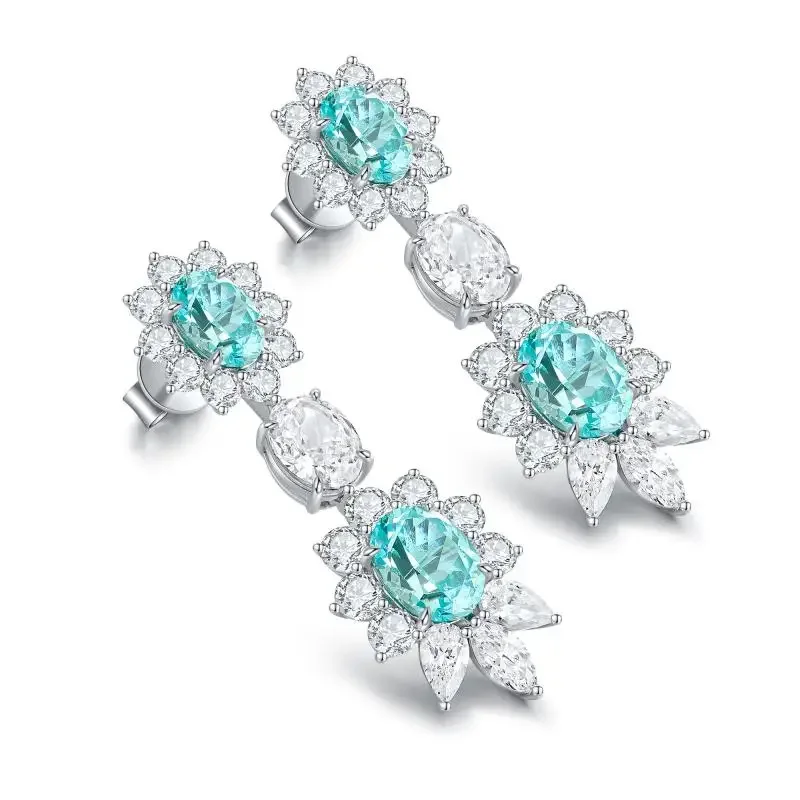 RUIF 2024 New Popular Main Stone 6.83ct Flower Shape S925 Silver Lab Grown Paraiba Sapphire Earrings Engagement Women