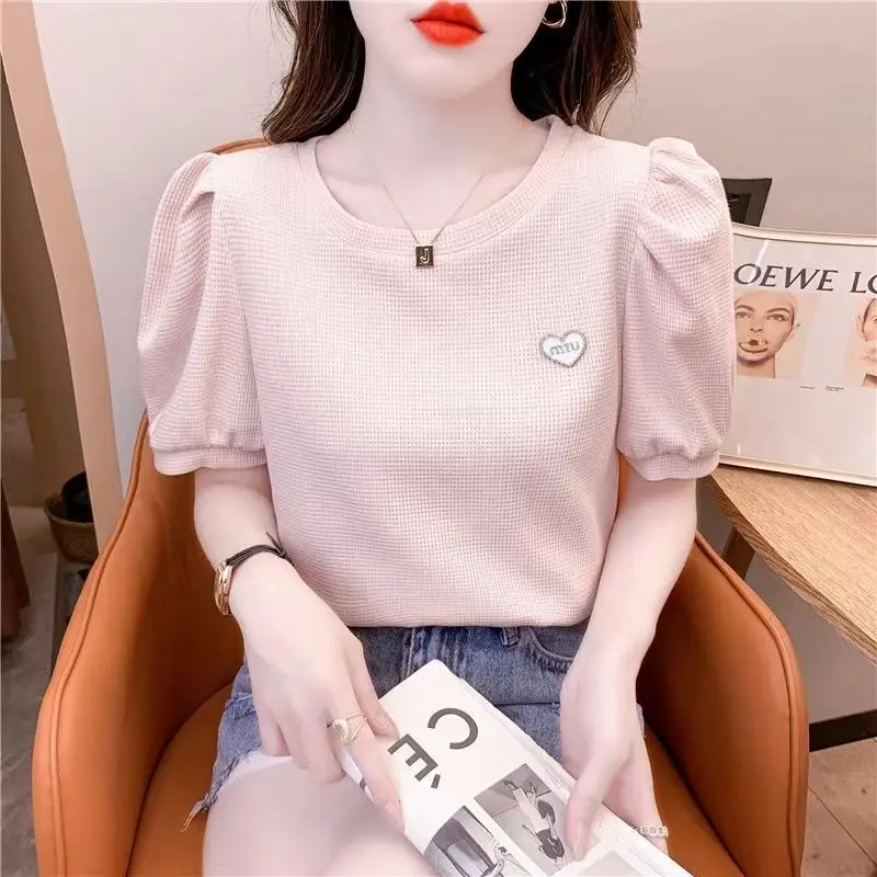 Waffle Bubble Sleeves Short Sleeved T-shirt Women\'s Summer New Fashion Solid Round Neck Print Patchwork Korean Simple Thin Top