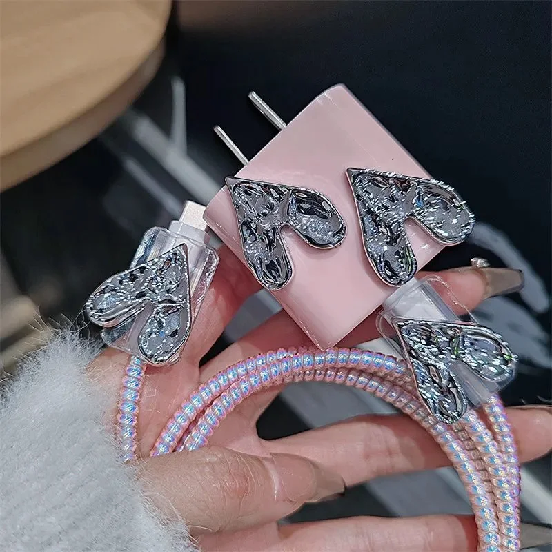 Cute Silver Love Heart Pink Silicone Charger Case For IPhone 11 12 13 14 15 18W-20W Fast Charge Protection Cover Charger Sleeve