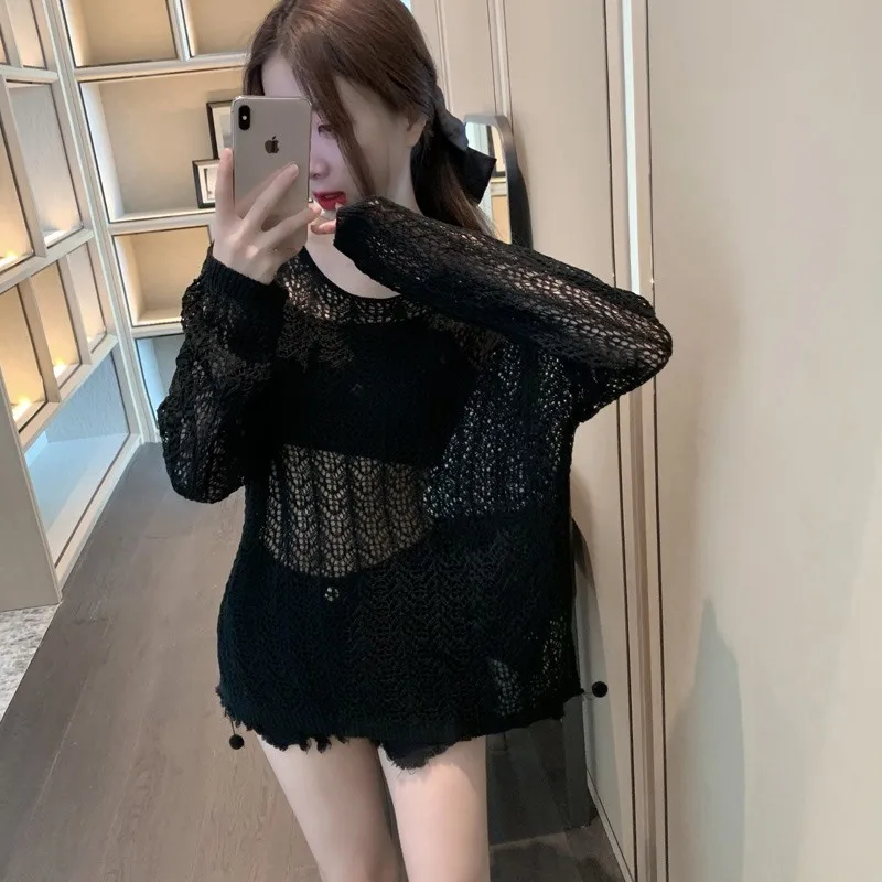 Summer Black Sexy Hollow out Loose Long Sleeve T-Shirt Knitted Ice Silk Air Conditioner Cover up Sun Protection Outerwear for...
