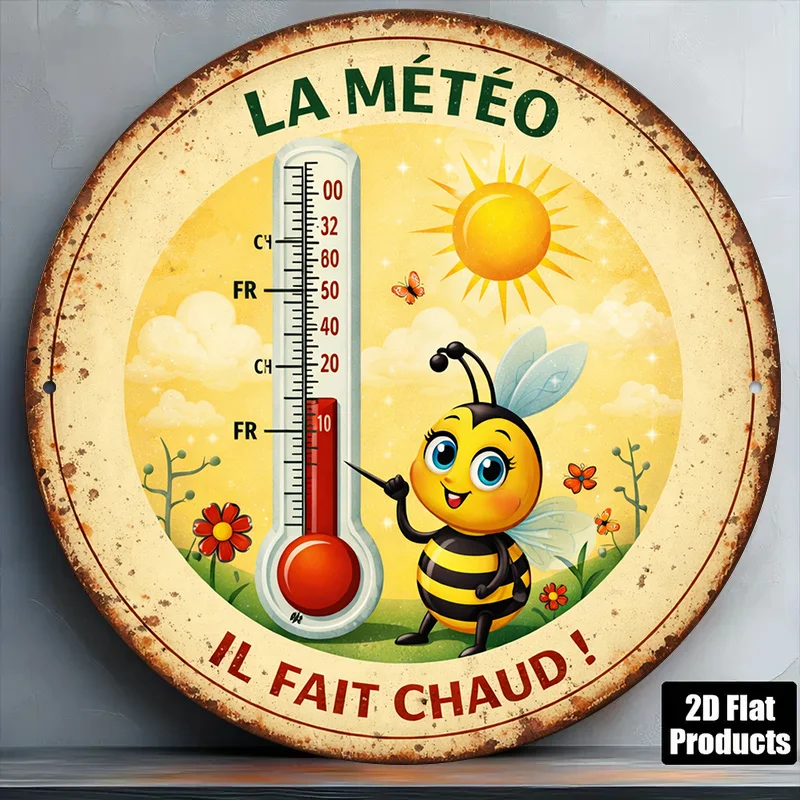 2D Flat, 1pc Round Wooden Sign, Retro Weather Forecast Hanging Sign, Cute Little Bee And Thermometer Decorative Board, Suitable