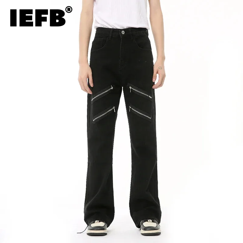 

IEFB Male Black Denim Pants High Street Patchwork Multi Zipper Slim Boot Cut Loose Men‘s Jeans Summer 2024 Tide New 9C6689