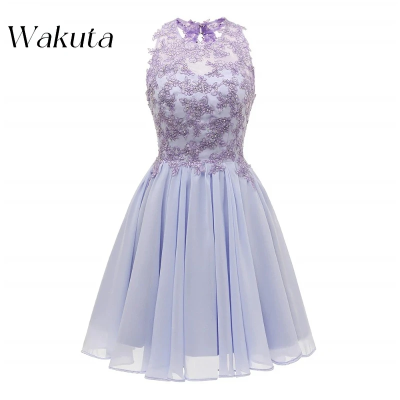 

Wakuta Elegant O Neck Sleeveless Chiffon Homecoming Dresses Appliques Short Graduation Formal Prom Party Gowns فساتين السهرة