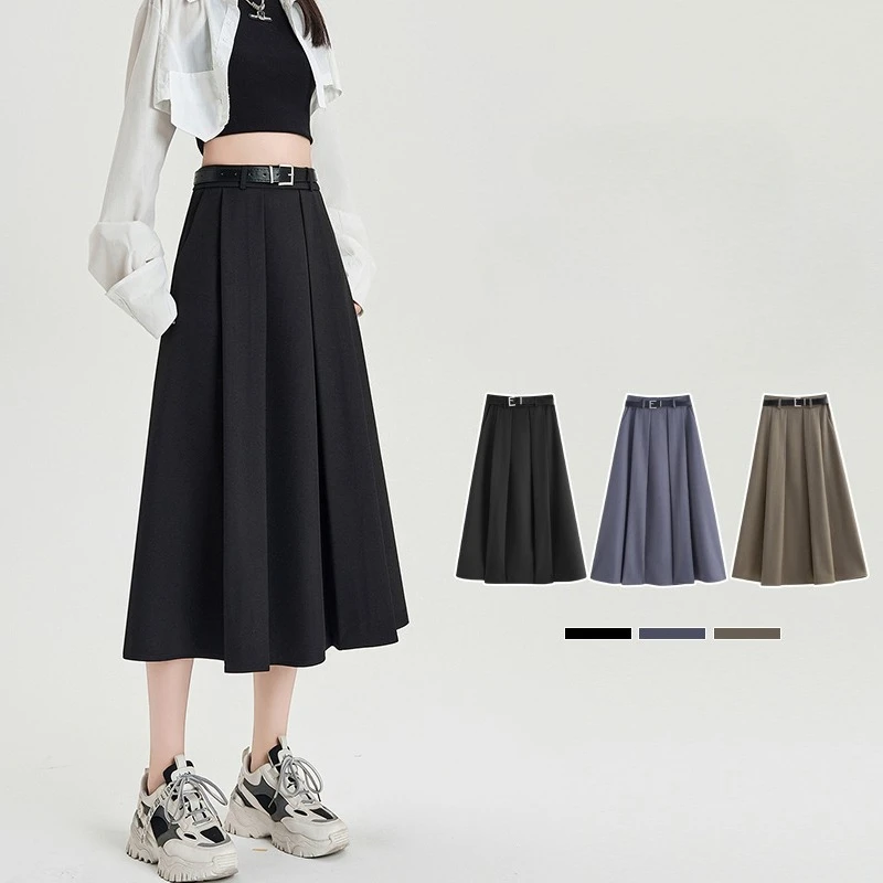 

Осенние элегантные плиссированные женские юбки-зонтики с высокой талией и поясом, новинка 202, корейские прямые юбки трапециевидной формы на молнии сзади