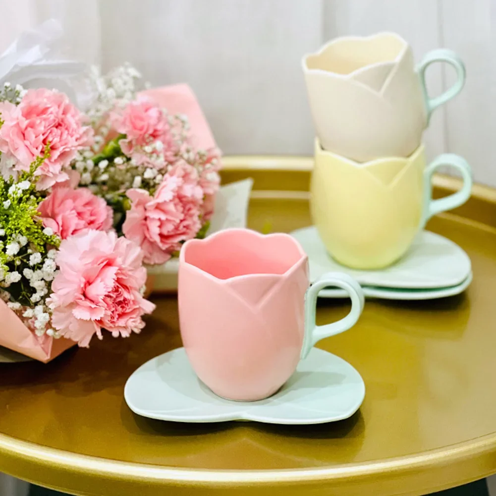 

For Lovely Tulip Drinking Cup with Saucer Ceramic Tulip Shaped Teacup Creative Vintage Mug Home Afternoon Tea Cappuccino Tablewa