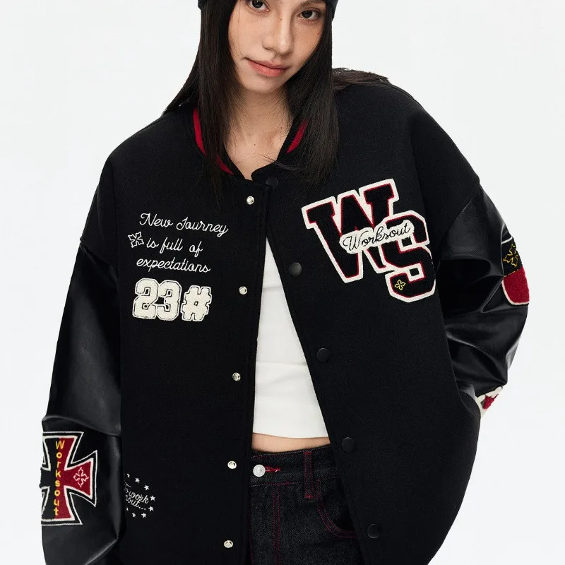 Vintage Popular New Letter Embroidery Joker Stitching Jacket Women Y2K High Street College Hip Hop Couple Sports Baseball Jacket