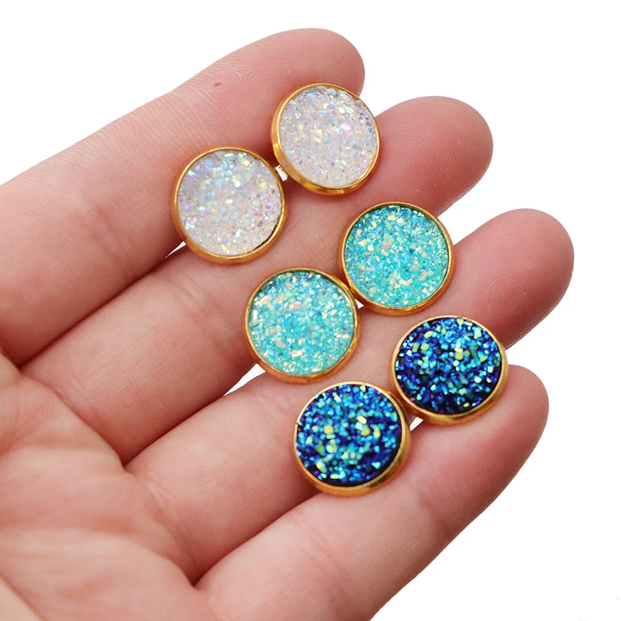 6pair/lot Glitter Round Stud Earrings Gold Color Stainless Steel Jewelry for Women Colorful Resin Druzy Drusy Ear Studs Earrings