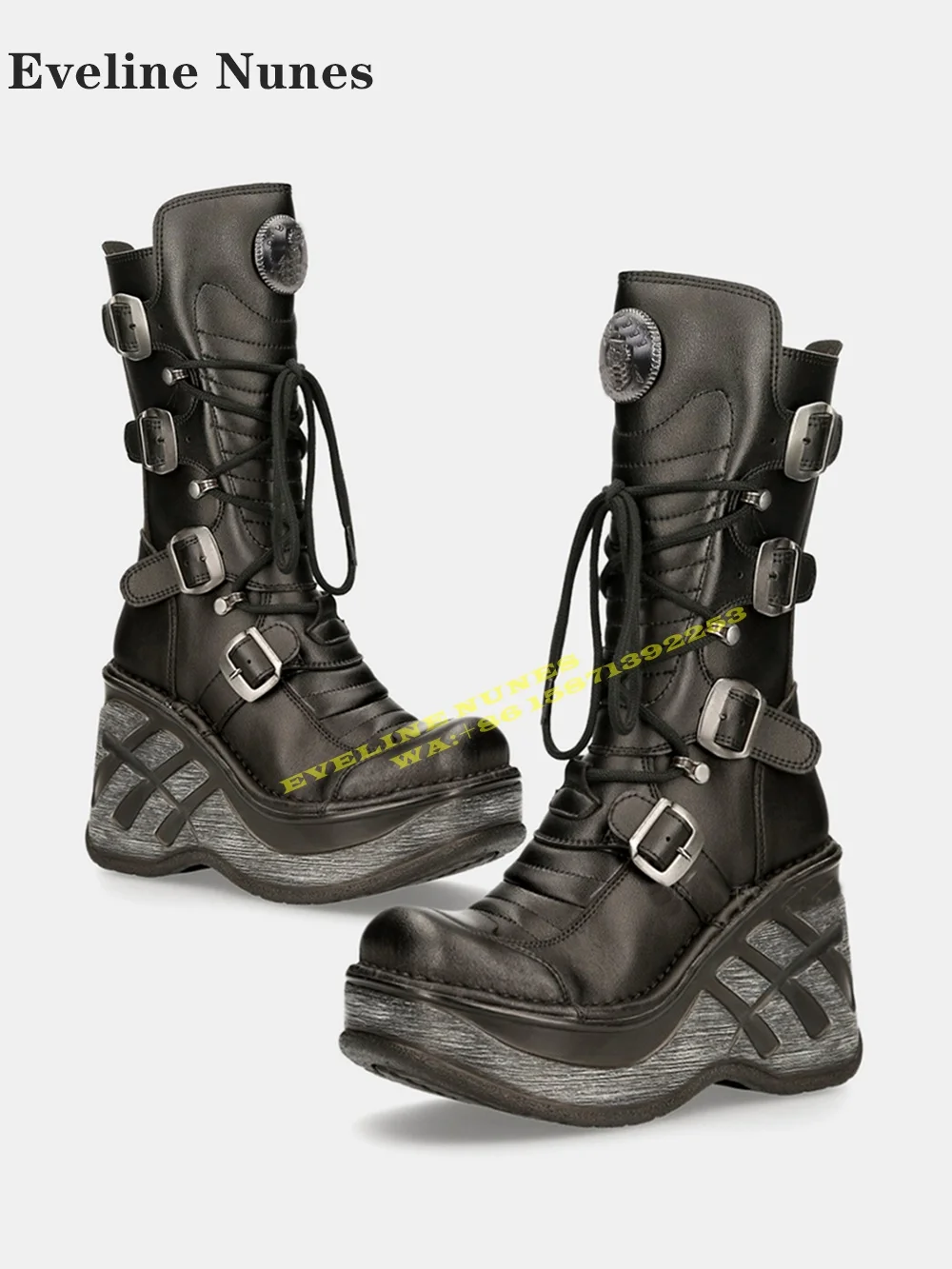 Botas de moto Cyberpunk con cuña de Metal pesado 2024, botas de media pantorrilla con punta redonda y aumento de altura con cordones y cremallera lateral para parejas de talla grande