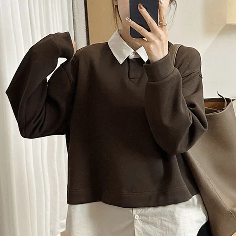 New Autumn and Winter Fashion Plush Large Patchwork Fake Two Piece Shirt Polo Neck Loose and Versatile Slim Women\'s Sweater