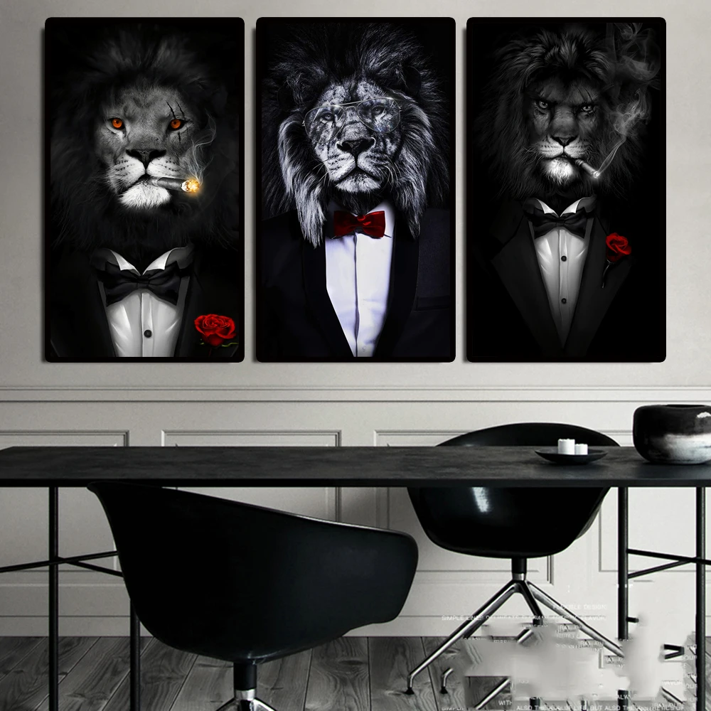 Canvas Art Abstract Animals Funny Black White Lion In Suit Posters Print Living Room Picture Painting Bedroom Home Decoration