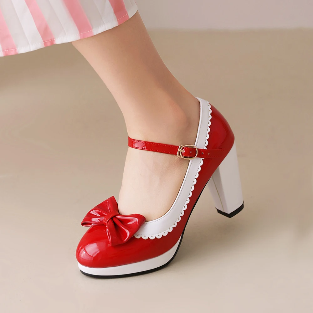 Bow Women\'s shoes on Heels Patent Leather Women Platform Pumps Spring Shallow Mouth Shoe Round Toe Shoes for Women high heels