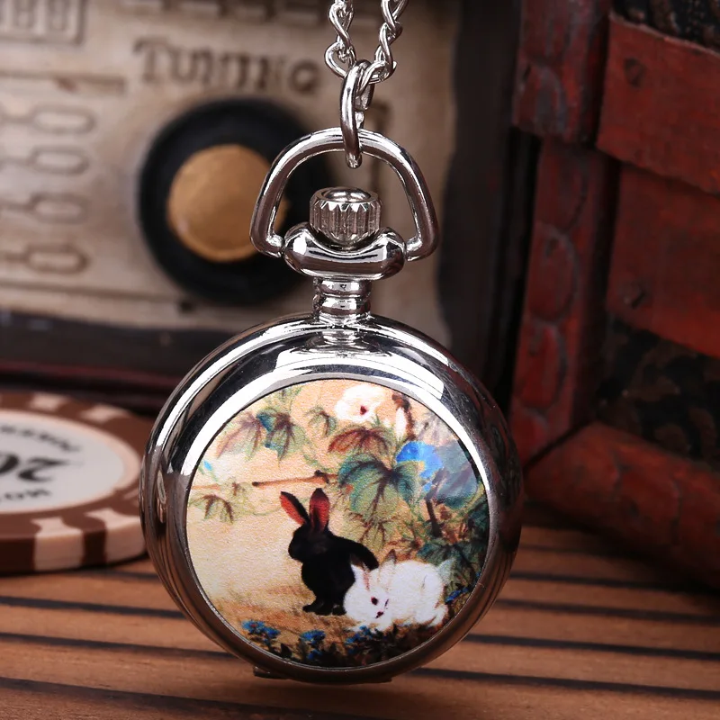 Cute Rabbit Colored Glass Retro Pocket Watch Glass Dome Necklace Pendant Watch On Chain Clock Gifts For Women