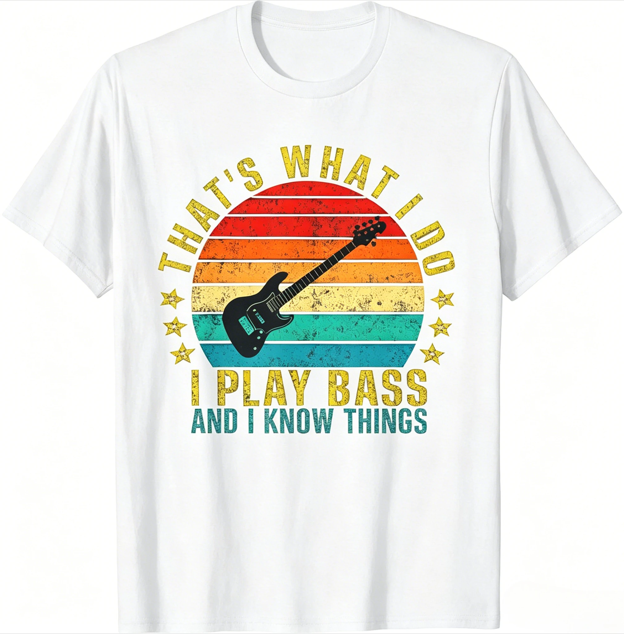 Vintage Bass Guitar Print T Shirt Men Striped Circle Graphic Crew Neck Short Sleeve Soft Cotton Bassist Musician Casual Tee Tops