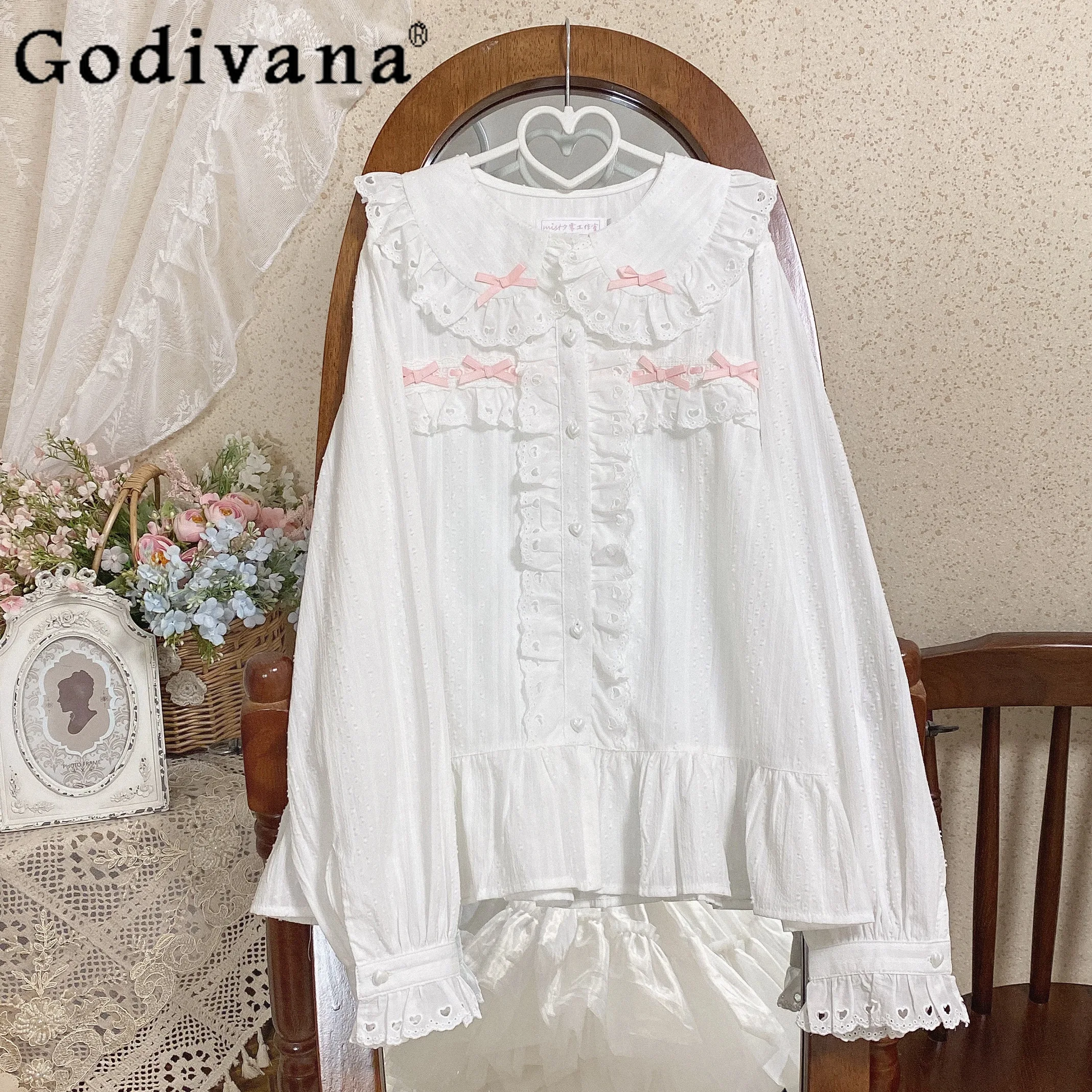 Japanese Bow Peter Pan Collar Simple All-Match White Inner Lolita Shirt Women Loose Elegant Fashion Long-sleeved Blouses Y2k Top