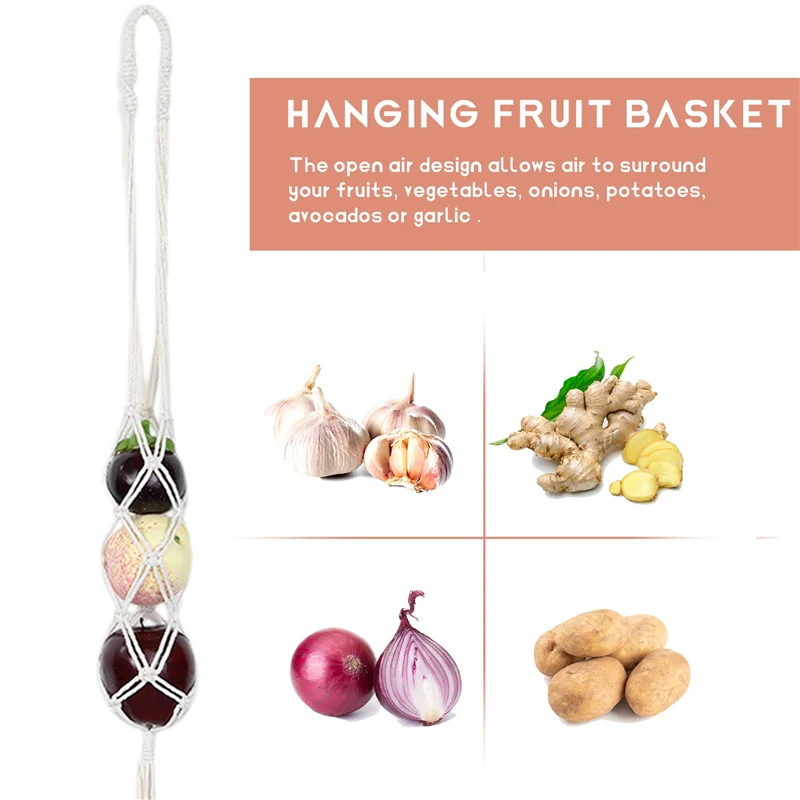 

AAAC-Set Of 3 Macrame Hanging Fruit Basket Storage Wall Hanging Produce Storage Boho Kitchen Decoration