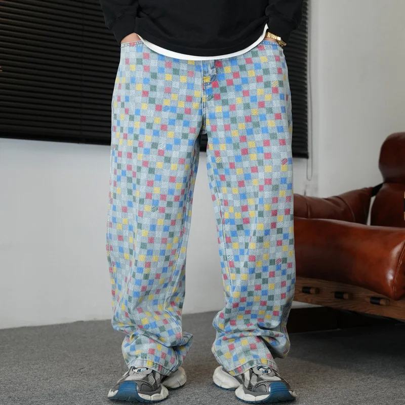 2025 new small grid jeans men's fashion street hip hop trendy printed straight tube loose high street wide leg pants