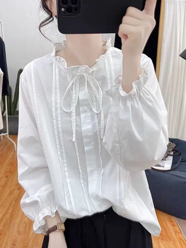 

plus Size 300 Pounds White Long Sleeve Shirt Women Spring Autumn Loose Belted Stand Collar Casual Style Wooden Trim