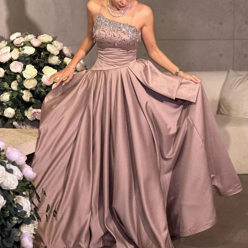 

Fashion Strapless Women Evening Dress Beaded A-Line Floor Length Customized Classic Satin Formal Occasion فساتين حفلة موسيقية