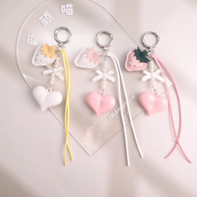 Multi-Use Leather Strawberry Keychain Bag Charm for Women Resin Heart Pendant Phone Strap Purse Accessory Cute Key Ring Gift