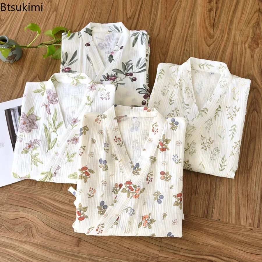 2025 Kimono Women's Robe 100% Cotton Robe Loose Flower Print Night-robe Pajamas for Women Robe V-Neck Pajamas Bathrobe Ladies
