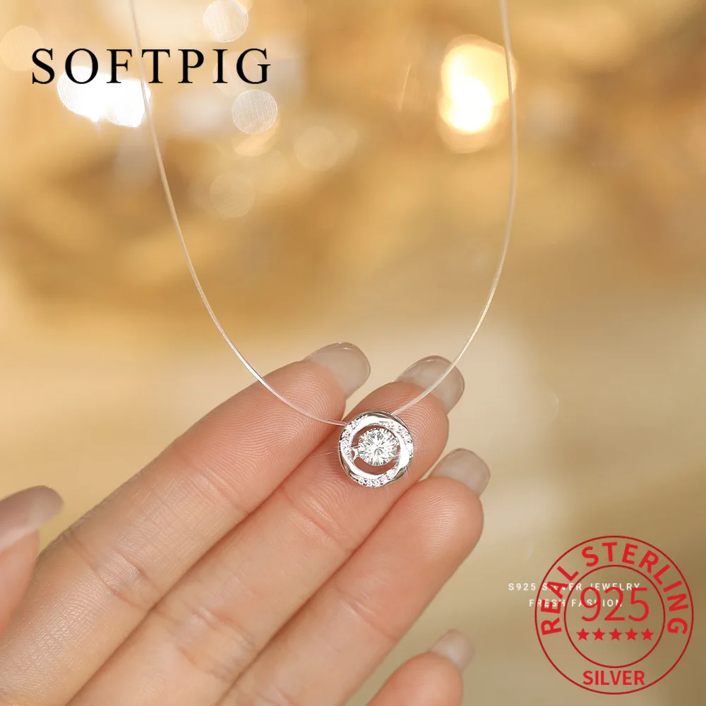 

SOFTPIG Real 925 Sterling Silver Fishing Line Zircon Mobius Pendant Choker Necklace for Women Trendy Fine Jewelry Accessories