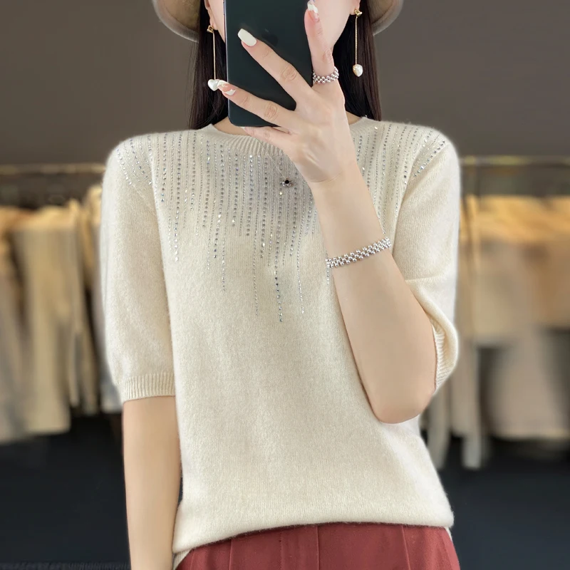 Women's Summer Top With Diamond Round Neck T-shirt Seamless 100% Fine Spin Wool Knitted Short Sleeve Korean Fit Y2K Sweater