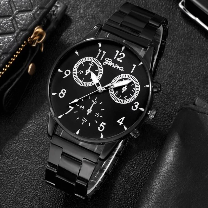 3PC Set Fashion Mens Business Watches Men Casual Black Bracelet Pendant Necklace Stainless Steel Quartz Watch Relogio Masculino