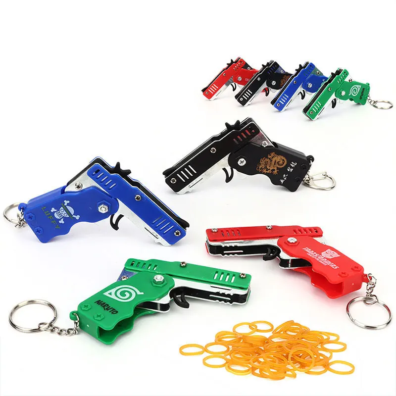 1PC MINI Toy Gun Keychain 50 Rubber Bands Folding Rubber Band Gun Shooting Pistol Alloy Key Charm Pendant Kid Outdoor Party Gift