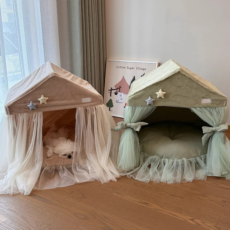 Princess Style Pet Bed with Lace Trim Washable Dog or Cat House for All Seasons Animal Tent with Removable Cushion Dog Kennel