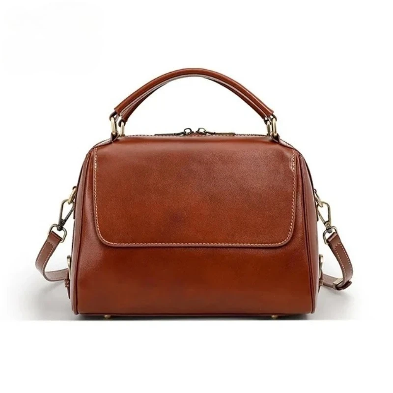 2026 Large Capacity Top Grain Leather Boston Bag for Women Shoulder Bag Dual Strap Adjustable Crossbody High Quality Handbag