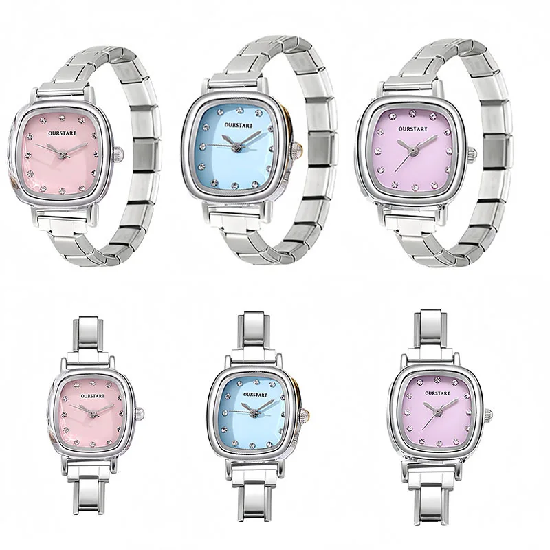 Multi Pastel Color Square Quartz Watch Shiny Crystal Dial Metal Link Modular Watchband Elegant Ladies Dress Wristwatch