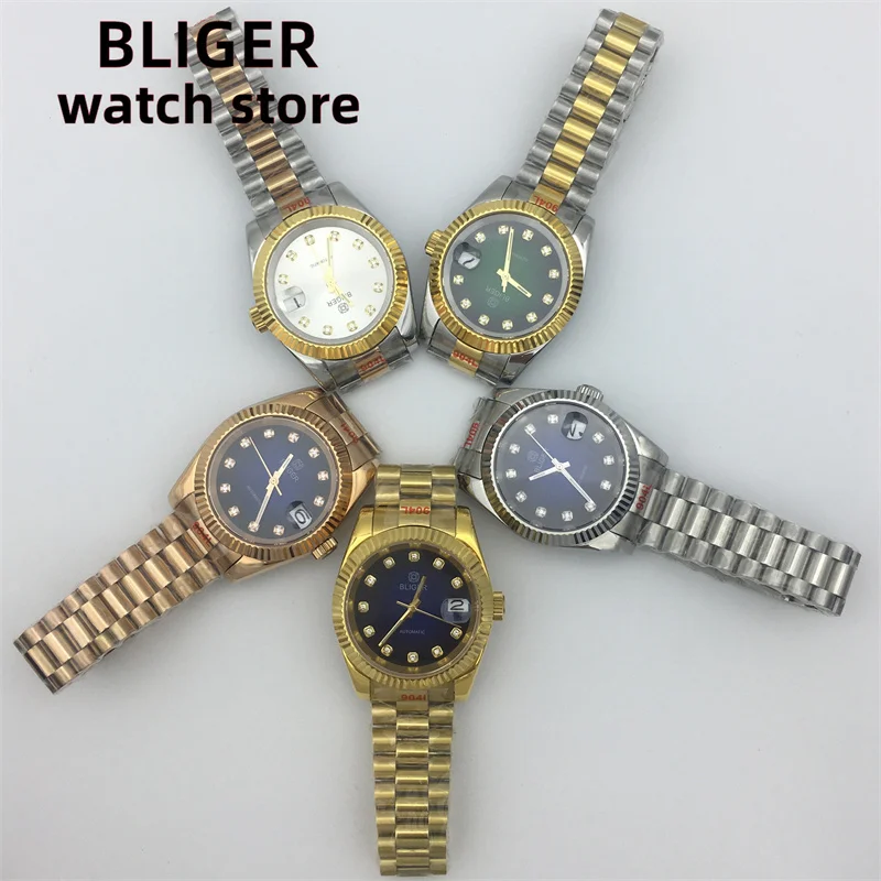 

BLIGER 36mm 39mm NH35A Men's Watch White Green Blue dial Diamond index Sapphire Glass Recessed Bezel Presidential Bracelet